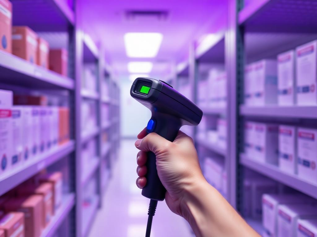 Hand scanning a barcode in hospital storage