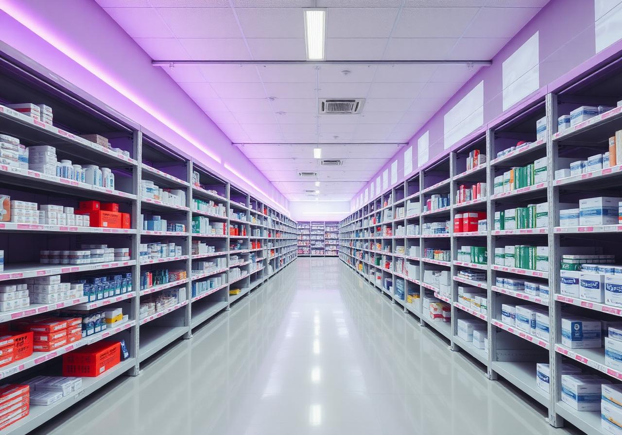 Hospital pharmacy inventory warehouse with organized supplies